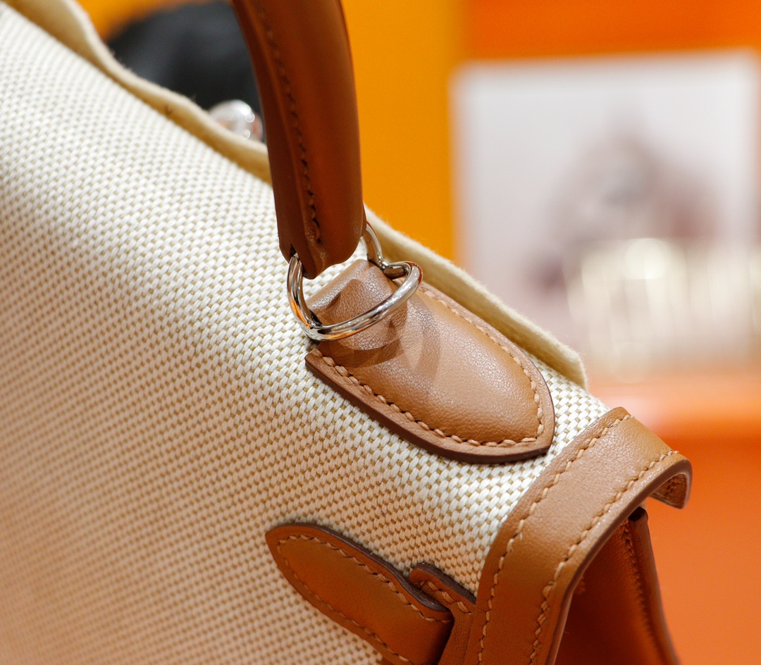 Hermès（爱马仕）Kelly 凯莉包 金棕 Swift 拼 原版帆布 全手缝 银扣 28cm