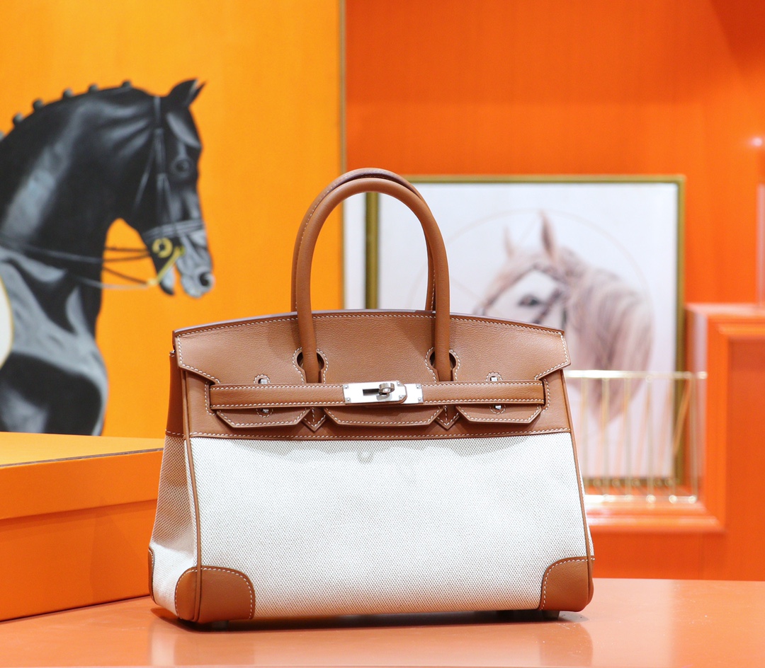 Hermès（爱马仕）Birkin 铂金包 金棕色 Swift 拼 原版帆布 全手缝 银扣 30cm