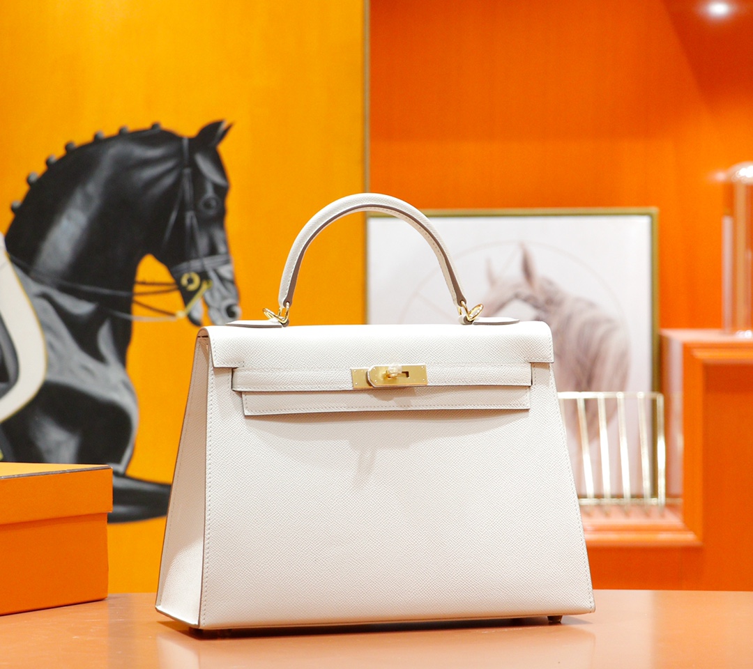 Hermès（爱马仕）Kelly 凯莉包 奶昔白 Epsom 全手缝 金扣 32cm