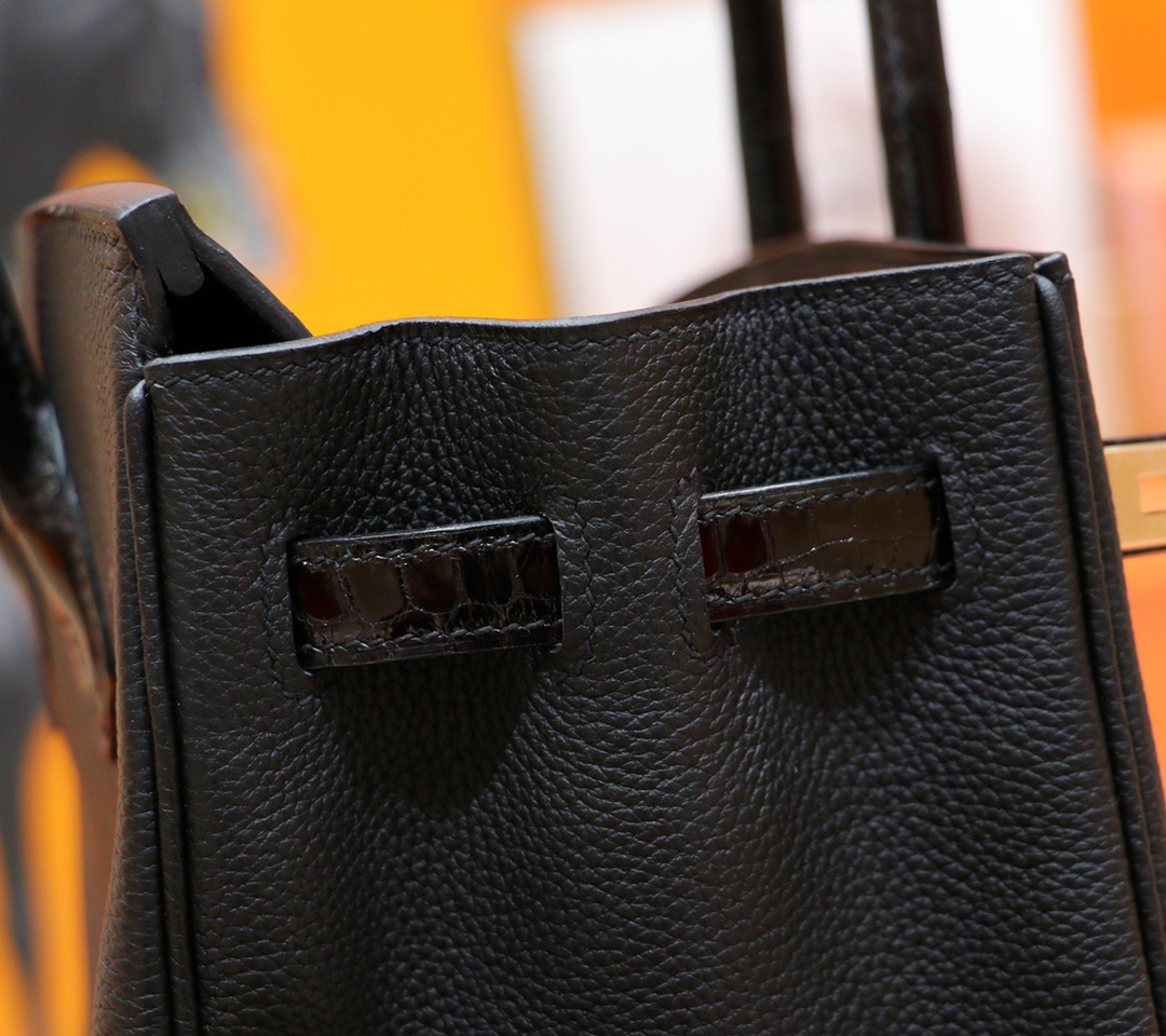 Hermès（爱马仕）Birkin 铂金包 黑色 Togo 拼 亮面鳄鱼皮 浅金扣 25cm
