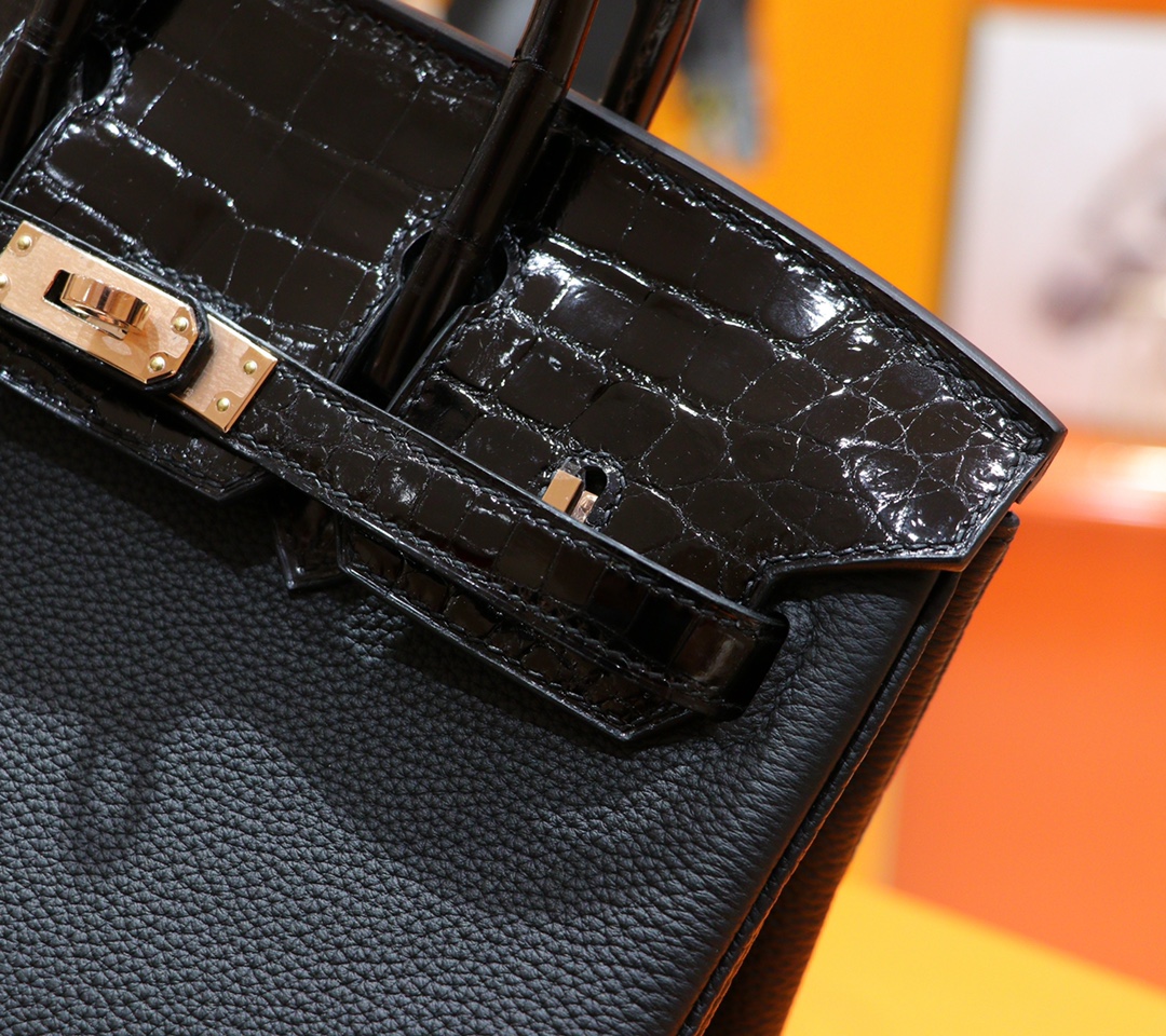 Hermès（爱马仕）Birkin 铂金包 黑色 Togo 拼 亮面鳄鱼皮 浅金扣 25cm