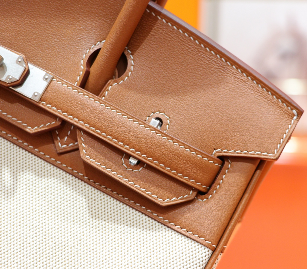 Hermès（爱马仕）Birkin 铂金包 金棕色 Swift 拼 原版帆布 全手缝 银扣 30cm