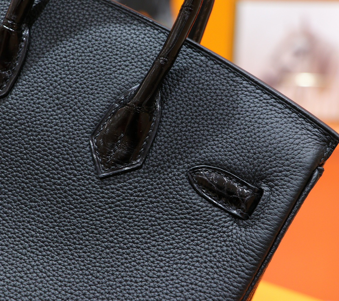 Hermès（爱马仕）Birkin 铂金包 黑色 Togo 拼 亮面鳄鱼皮 浅金扣 25cm