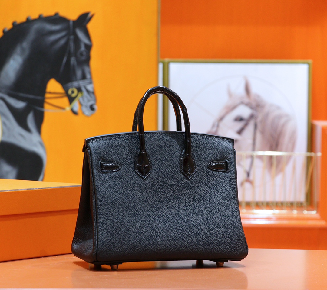 Hermès（爱马仕）Birkin 铂金包 黑色 Togo 拼 亮面鳄鱼皮 浅金扣 25cm