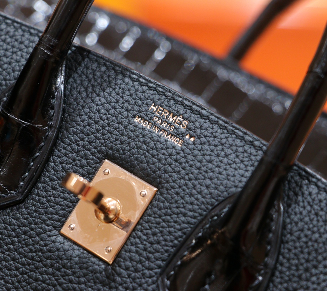 Hermès（爱马仕）Birkin 铂金包 黑色 Togo 拼 亮面鳄鱼皮 浅金扣 25cm
