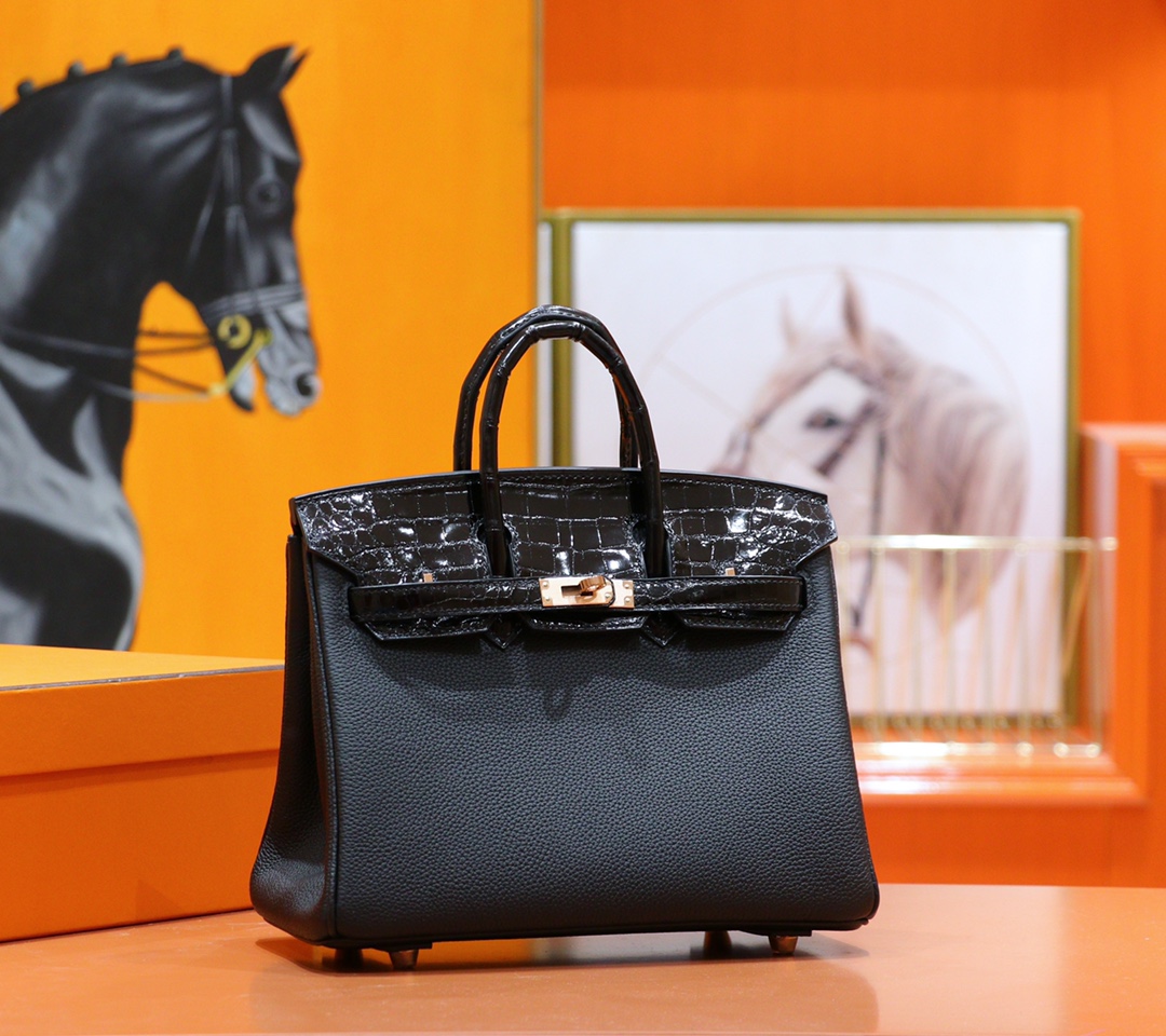 Hermès（爱马仕）Birkin 铂金包 黑色 Togo 拼 亮面鳄鱼皮 浅金扣 25cm