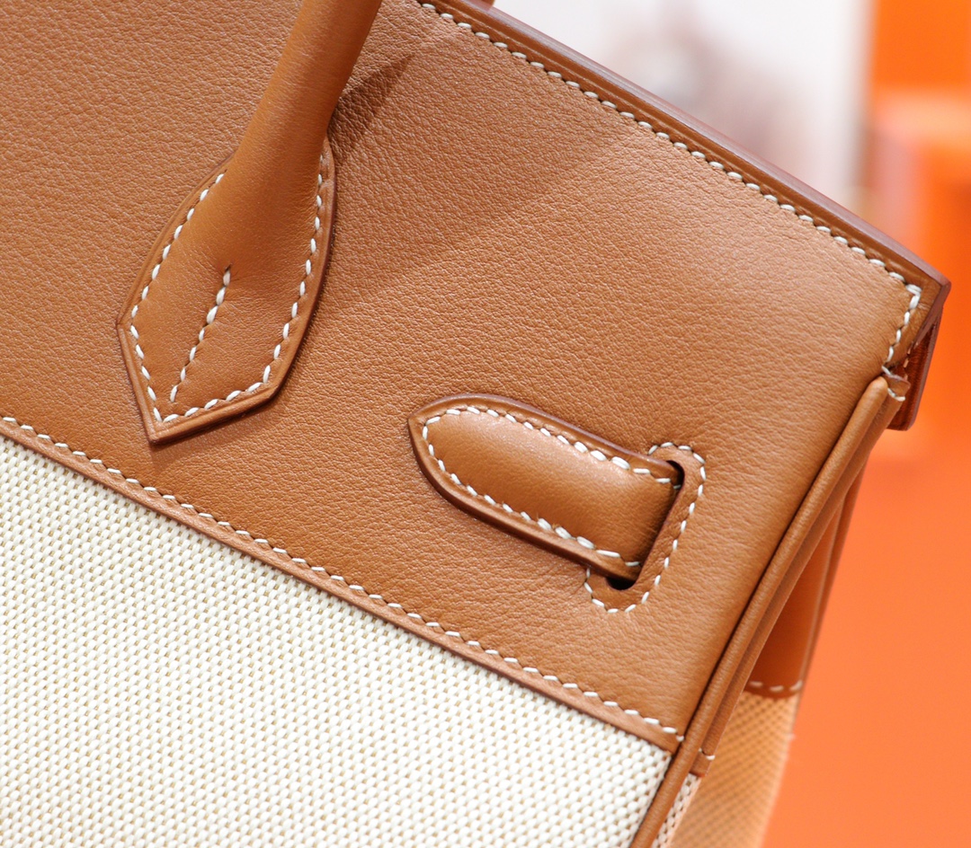 Hermès（爱马仕）Birkin 铂金包 金棕色 Swift 拼 原版帆布 全手缝 银扣 30cm