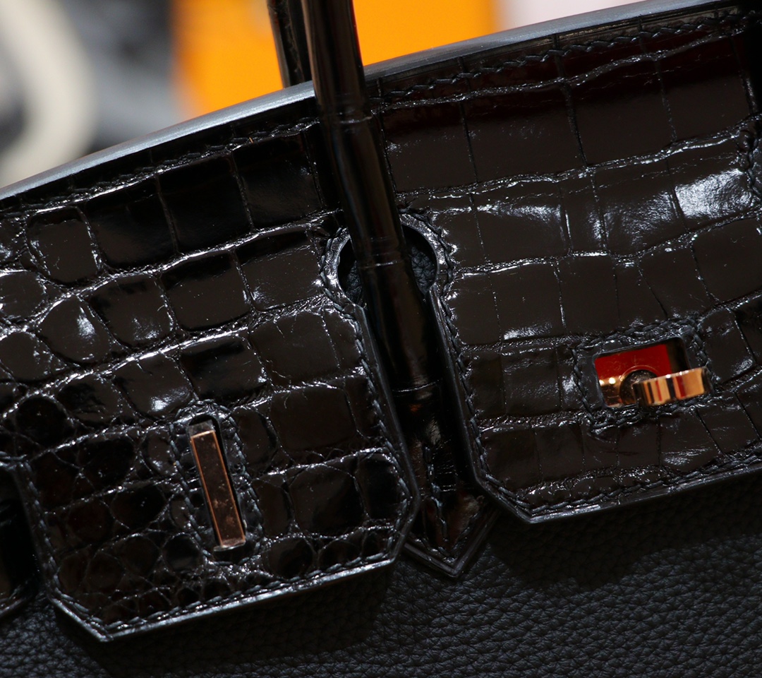 Hermès（爱马仕）Birkin 铂金包 黑色 Togo 拼 亮面鳄鱼皮 浅金扣 25cm