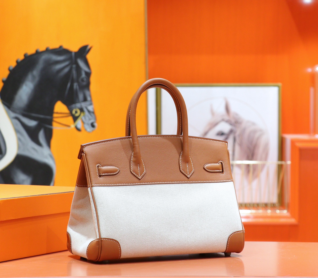 Hermès（爱马仕）Birkin 铂金包 金棕色 Swift 拼 原版帆布 全手缝 银扣 30cm