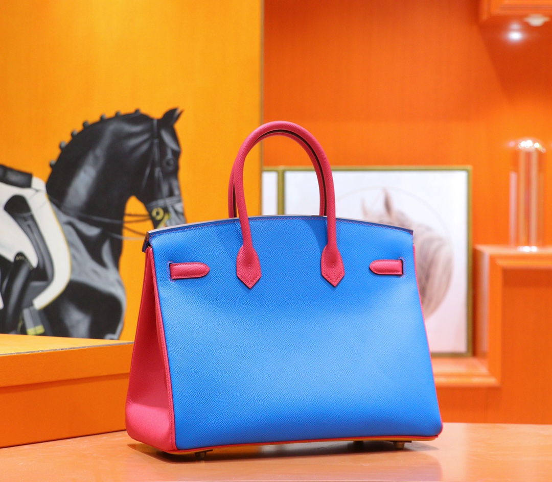 Hermès（爱马仕）Birkin 铂金包 三拼色 希腊蓝 拼 柠檬黄 拼 桃红 Epsom 全手缝 金扣 35cm