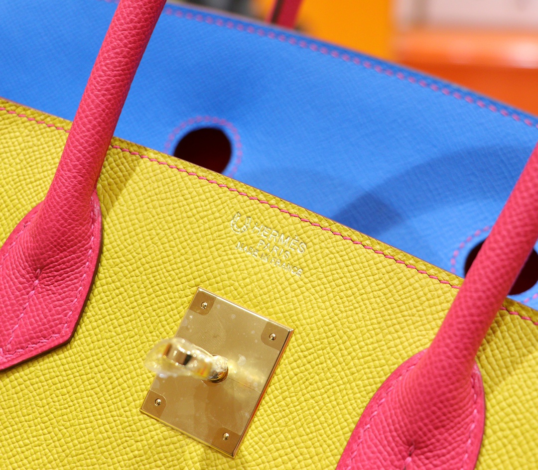 Hermès（爱马仕）Birkin 铂金包 三拼色 希腊蓝 拼 柠檬黄 拼 桃红 Epsom 全手缝 金扣 35cm