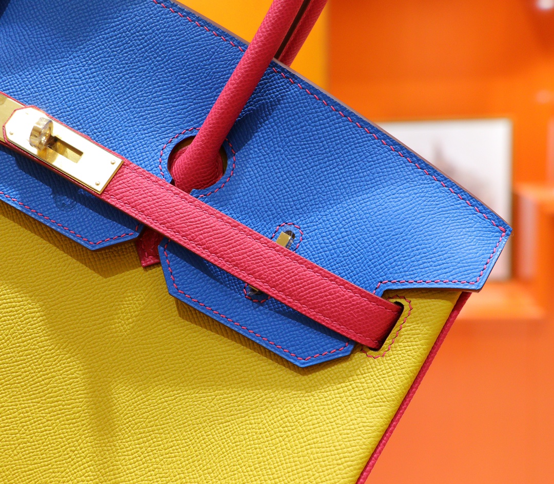 Hermès（爱马仕）Birkin 铂金包 三拼色 希腊蓝 拼 柠檬黄 拼 桃红 Epsom 全手缝 金扣 35cm