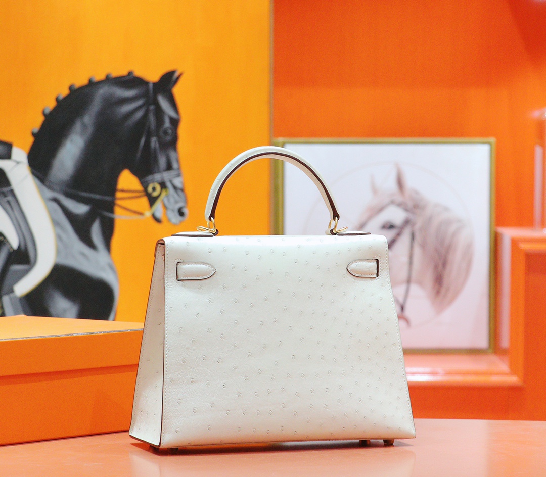 Hermès（爱马仕）Kelly 凯莉包 羊毛白 南非鸵鸟皮 全手缝 金扣 28cm
