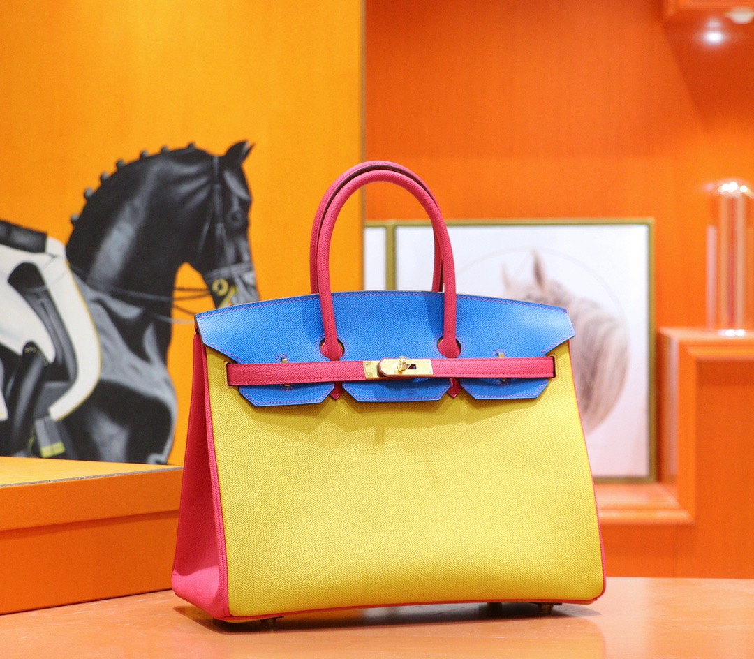 Hermès（爱马仕）Birkin 铂金包 三拼色 希腊蓝 拼 柠檬黄 拼 桃红 Epsom 全手缝 金扣 35cm