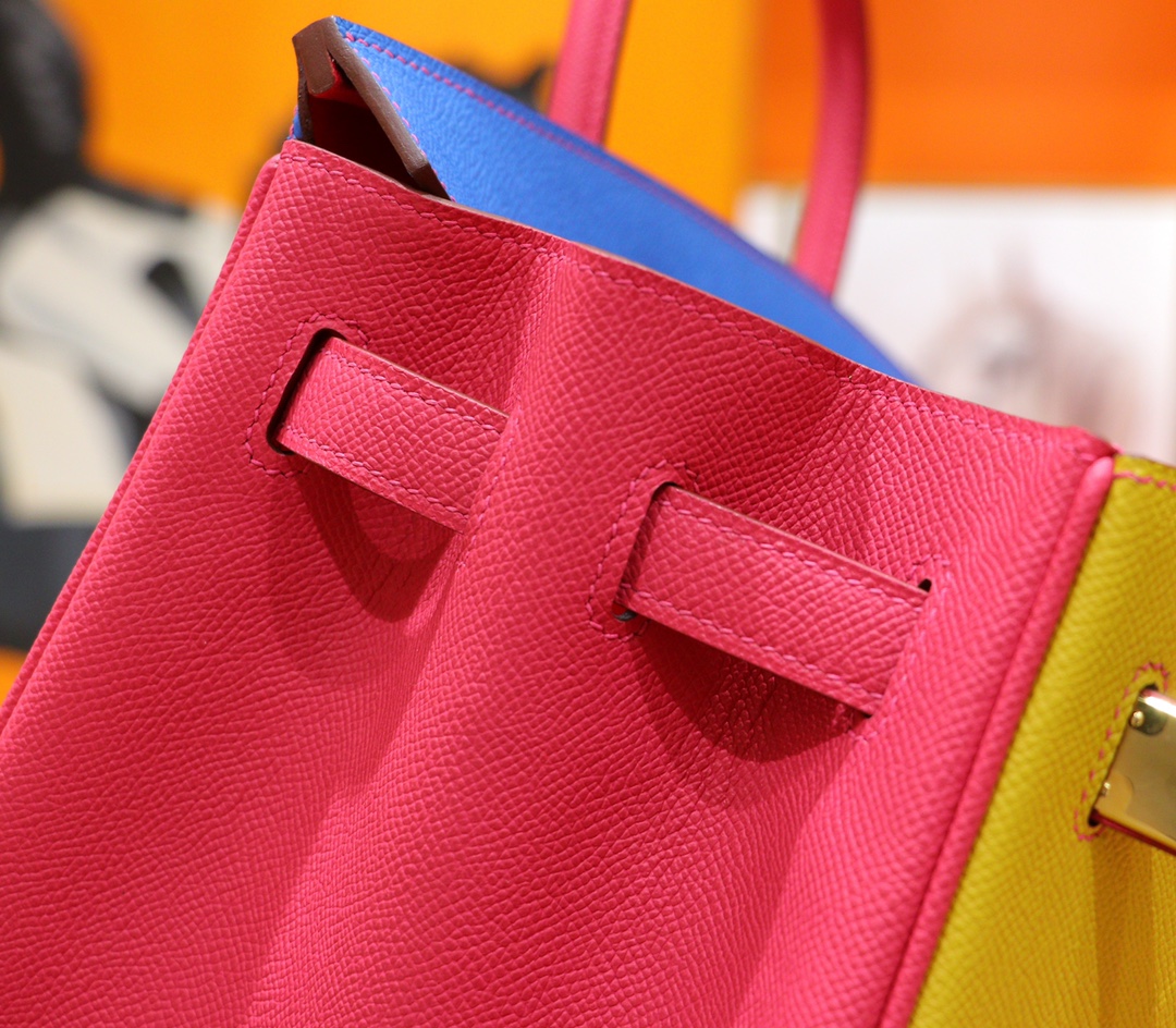 Hermès（爱马仕）Birkin 铂金包 三拼色 希腊蓝 拼 柠檬黄 拼 桃红 Epsom 全手缝 金扣 35cm