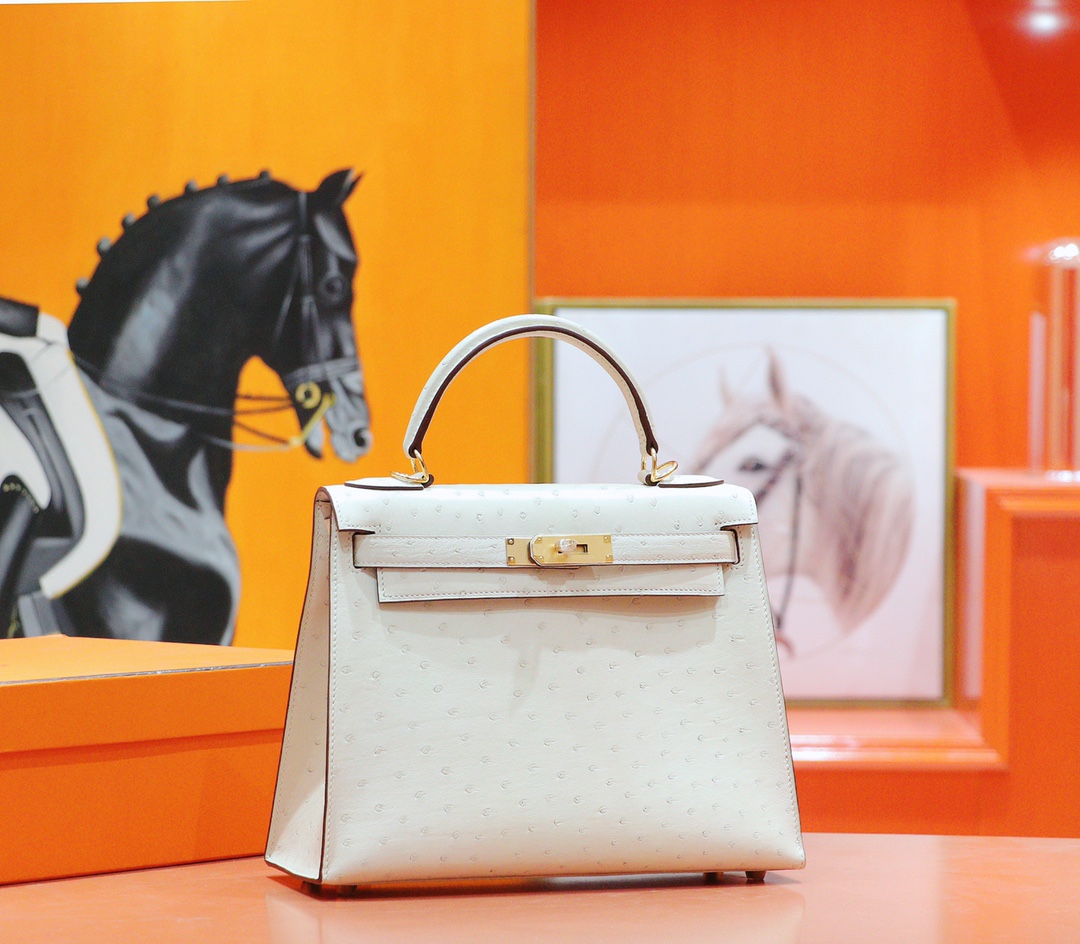 Hermès（爱马仕）Kelly 凯莉包 羊毛白 南非鸵鸟皮 全手缝 金扣 28cm