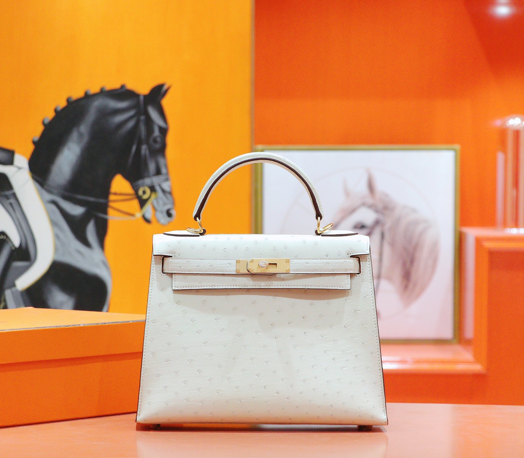 Hermès（爱马仕）Kelly 凯莉包 羊毛白 南非鸵鸟皮 全手缝 金扣 28cm