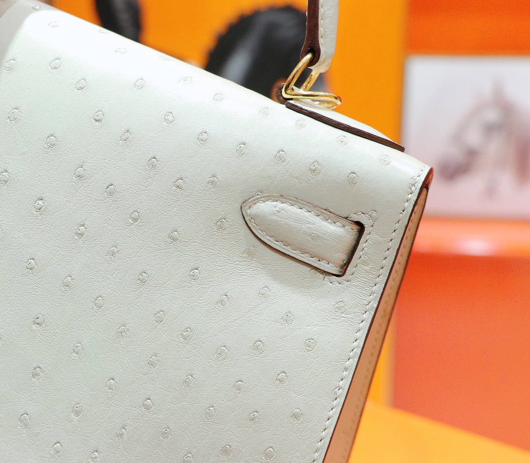 Hermès（爱马仕）Kelly 凯莉包 羊毛白 南非鸵鸟皮 全手缝 金扣 28cm