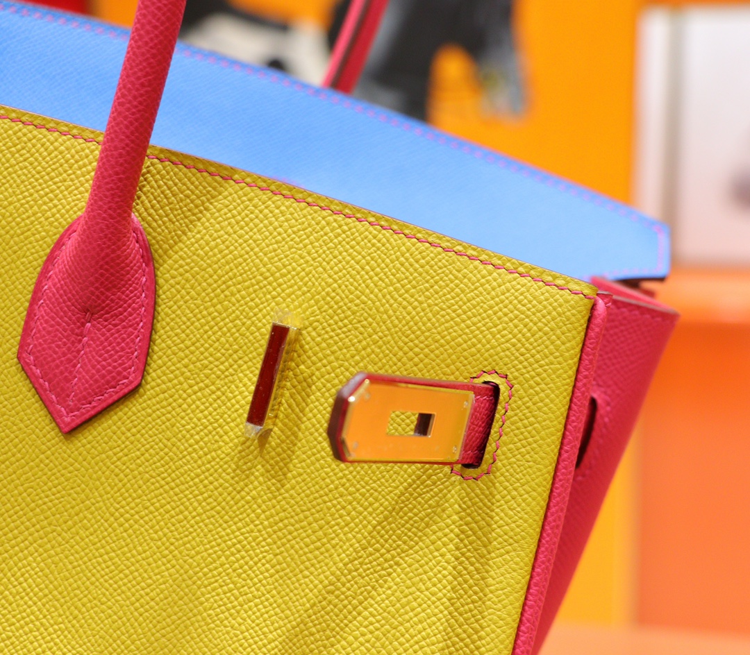 Hermès（爱马仕）Birkin 铂金包 三拼色 希腊蓝 拼 柠檬黄 拼 桃红 Epsom 全手缝 金扣 35cm