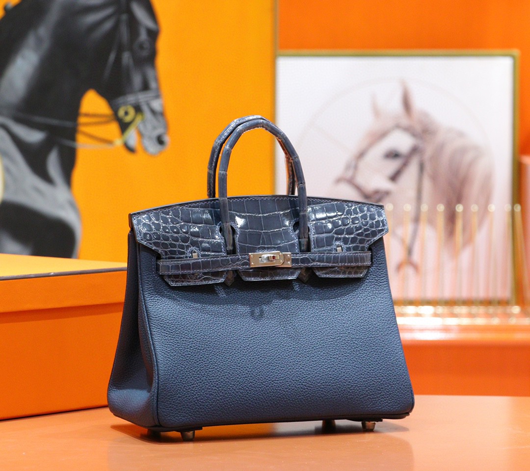 Hermès（爱马仕）Birkin 铂金包 风暴蓝 亮面鳄鱼皮 拼 Togo小牛皮 全手缝 银扣 25cm