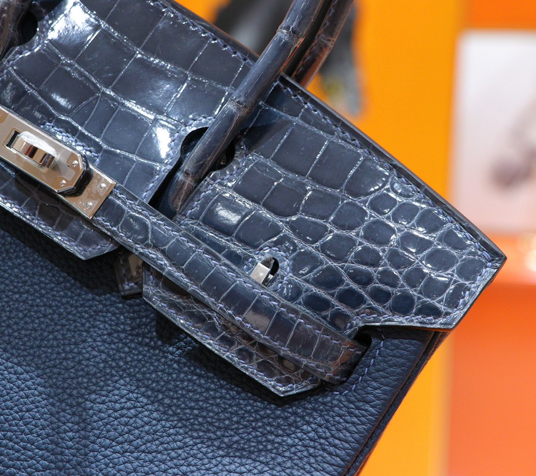 Hermès（爱马仕）Birkin 铂金包 风暴蓝 亮面鳄鱼皮 拼 Togo小牛皮 全手缝 银扣 25cm