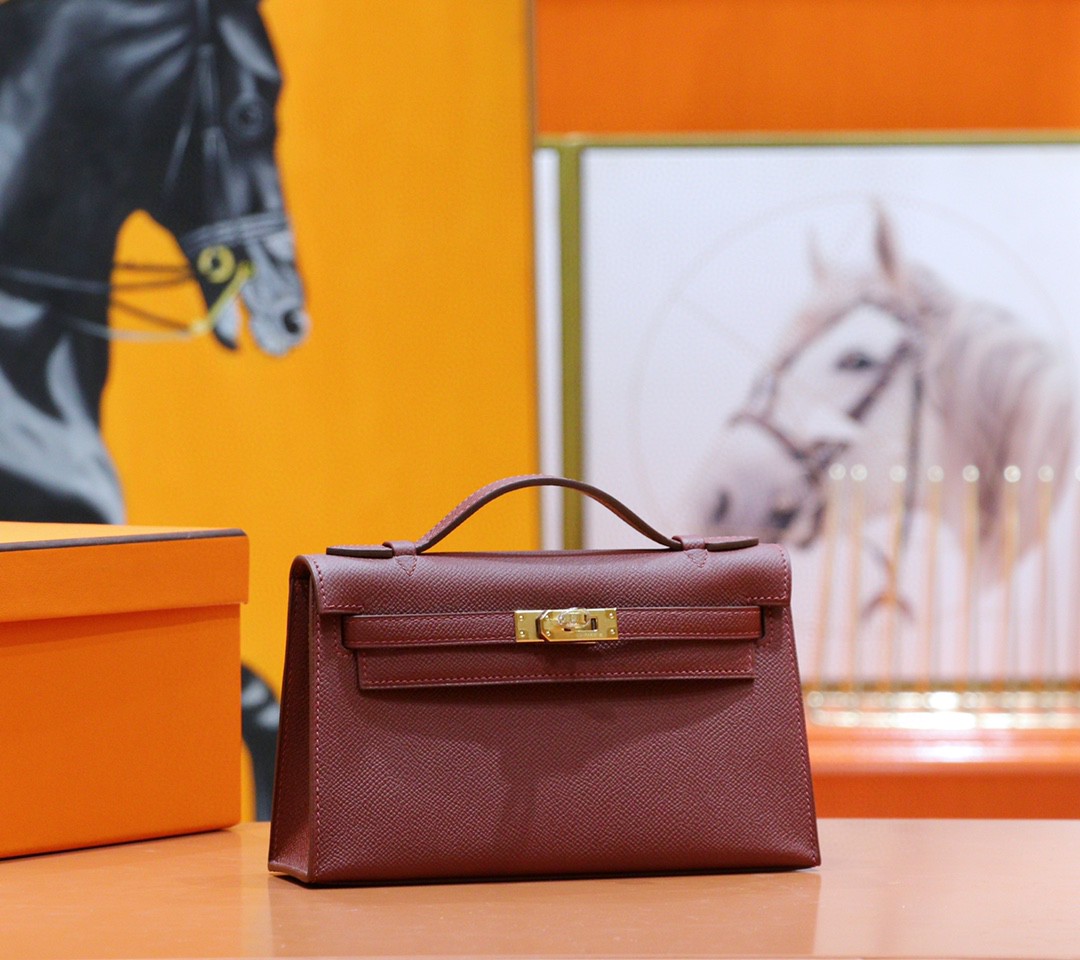 Hermès（爱马仕）Minikelly 晚宴包 酒红色 Epsom 全手缝小牛皮 金扣 22cm
