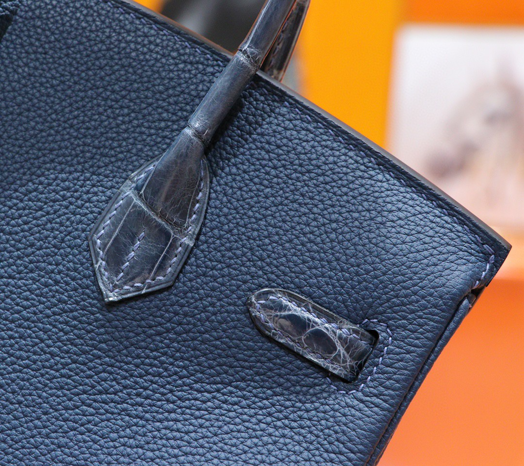 Hermès（爱马仕）Birkin 铂金包 风暴蓝 亮面鳄鱼皮 拼 Togo小牛皮 全手缝 银扣 25cm