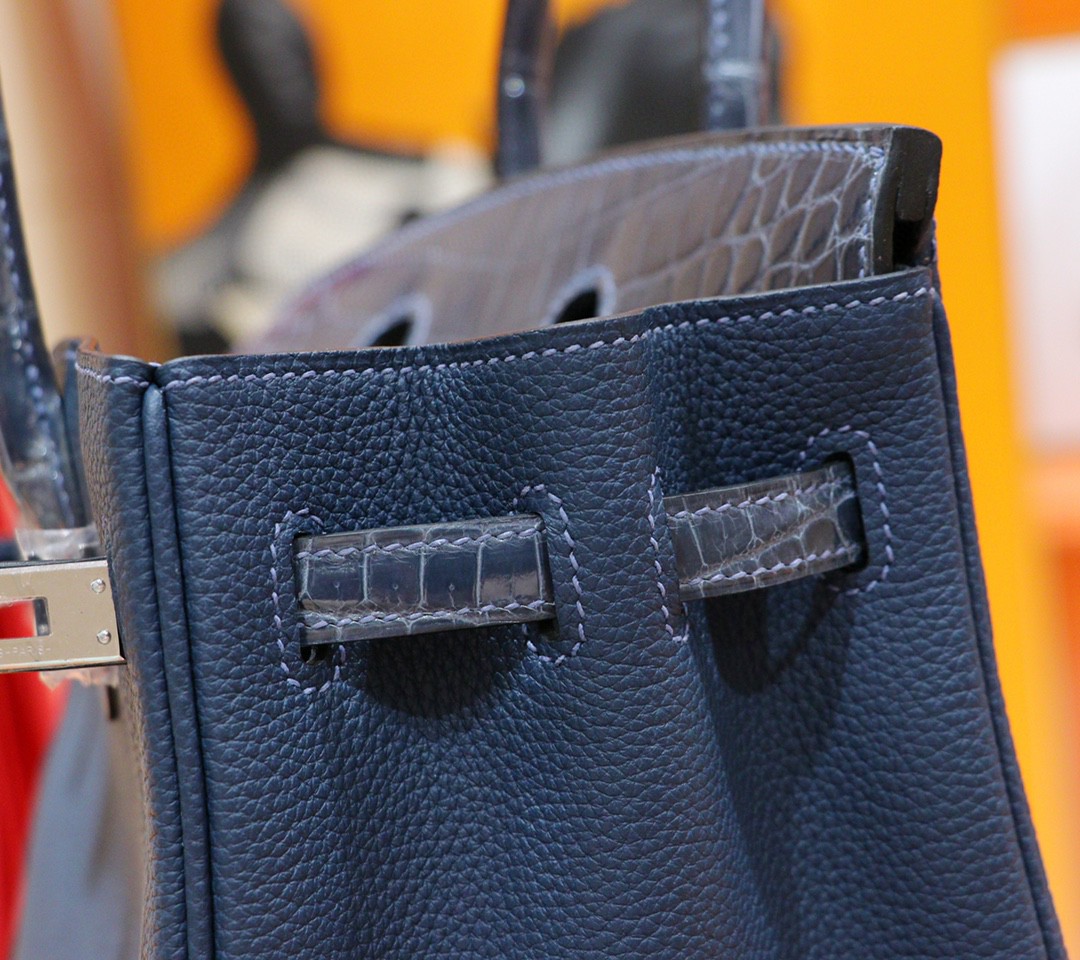 Hermès（爱马仕）Birkin 铂金包 风暴蓝 亮面鳄鱼皮 拼 Togo小牛皮 全手缝 银扣 25cm