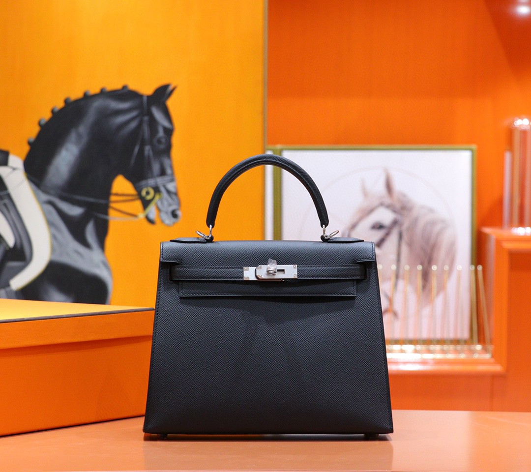 Hermès（爱马仕）Kelly 凯莉包 黑色 Epsom 小牛皮 全手缝 银扣 25cm