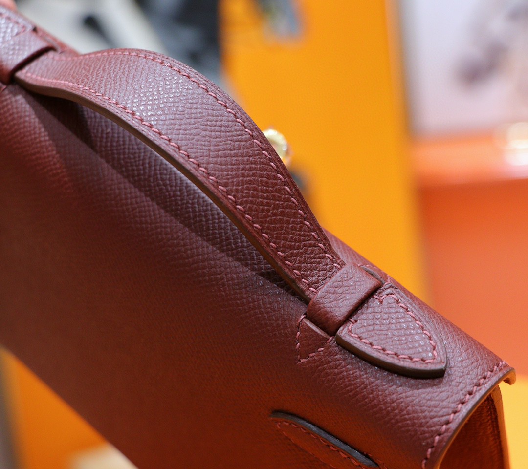 Hermès（爱马仕）Minikelly 晚宴包 酒红色 Epsom 全手缝小牛皮 金扣 22cm