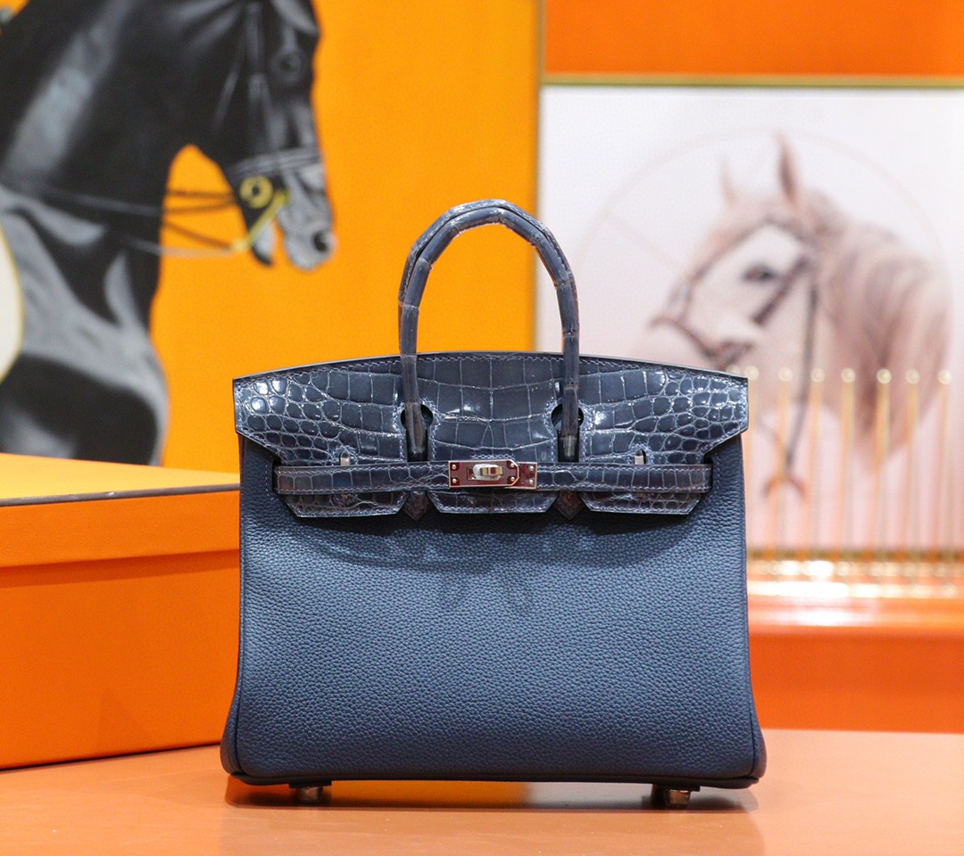 Hermès（爱马仕）Birkin 铂金包 风暴蓝 亮面鳄鱼皮 拼 Togo小牛皮 全手缝 银扣 25cm