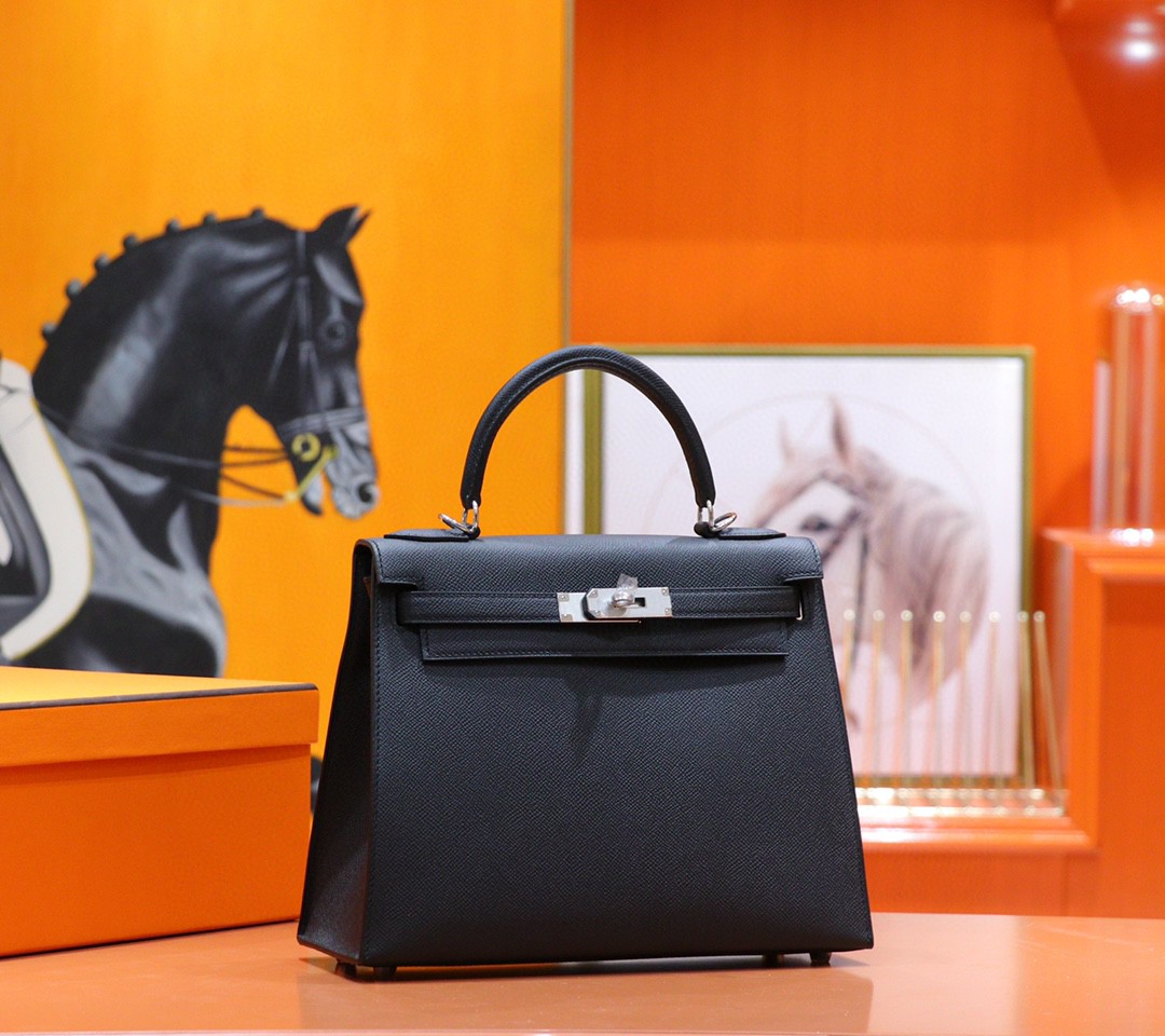 Hermès（爱马仕）Kelly 凯莉包 黑色 Epsom 小牛皮 全手缝 银扣 25cm