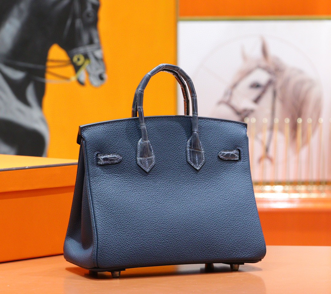 Hermès（爱马仕）Birkin 铂金包 风暴蓝 亮面鳄鱼皮 拼 Togo小牛皮 全手缝 银扣 25cm