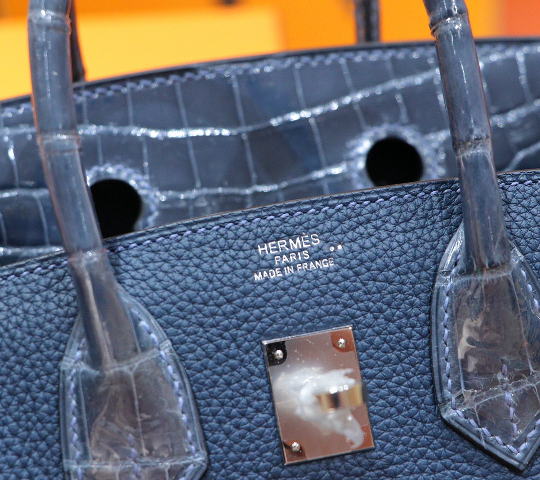 Hermès（爱马仕）Birkin 铂金包 风暴蓝 亮面鳄鱼皮 拼 Togo小牛皮 全手缝 银扣 25cm