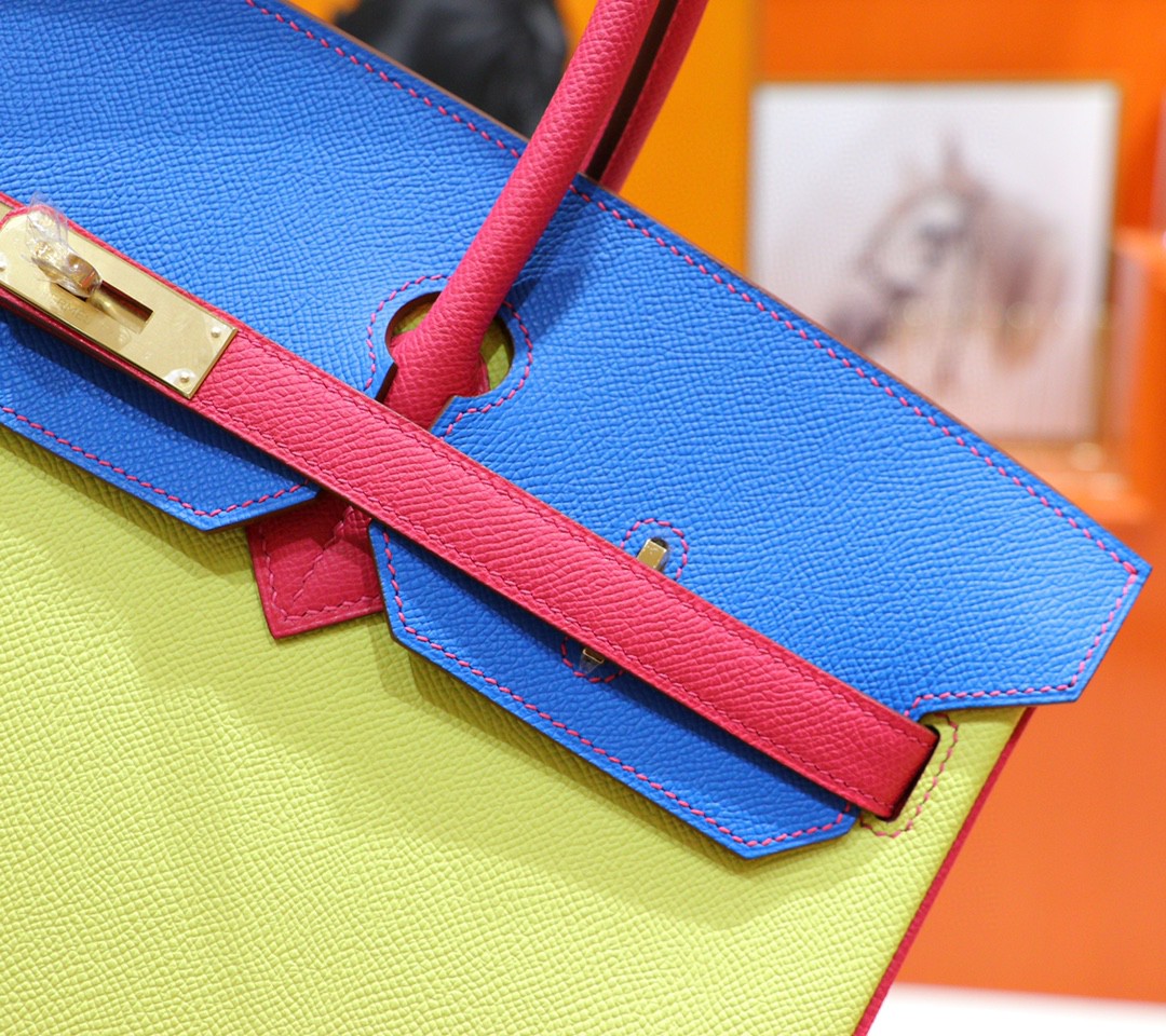 Hermès（爱马仕）Birkin 铂金包 柠檬黄 拼 希腊蓝 拼 桃红 三拼色 小牛皮 全手缝 金扣 40cm