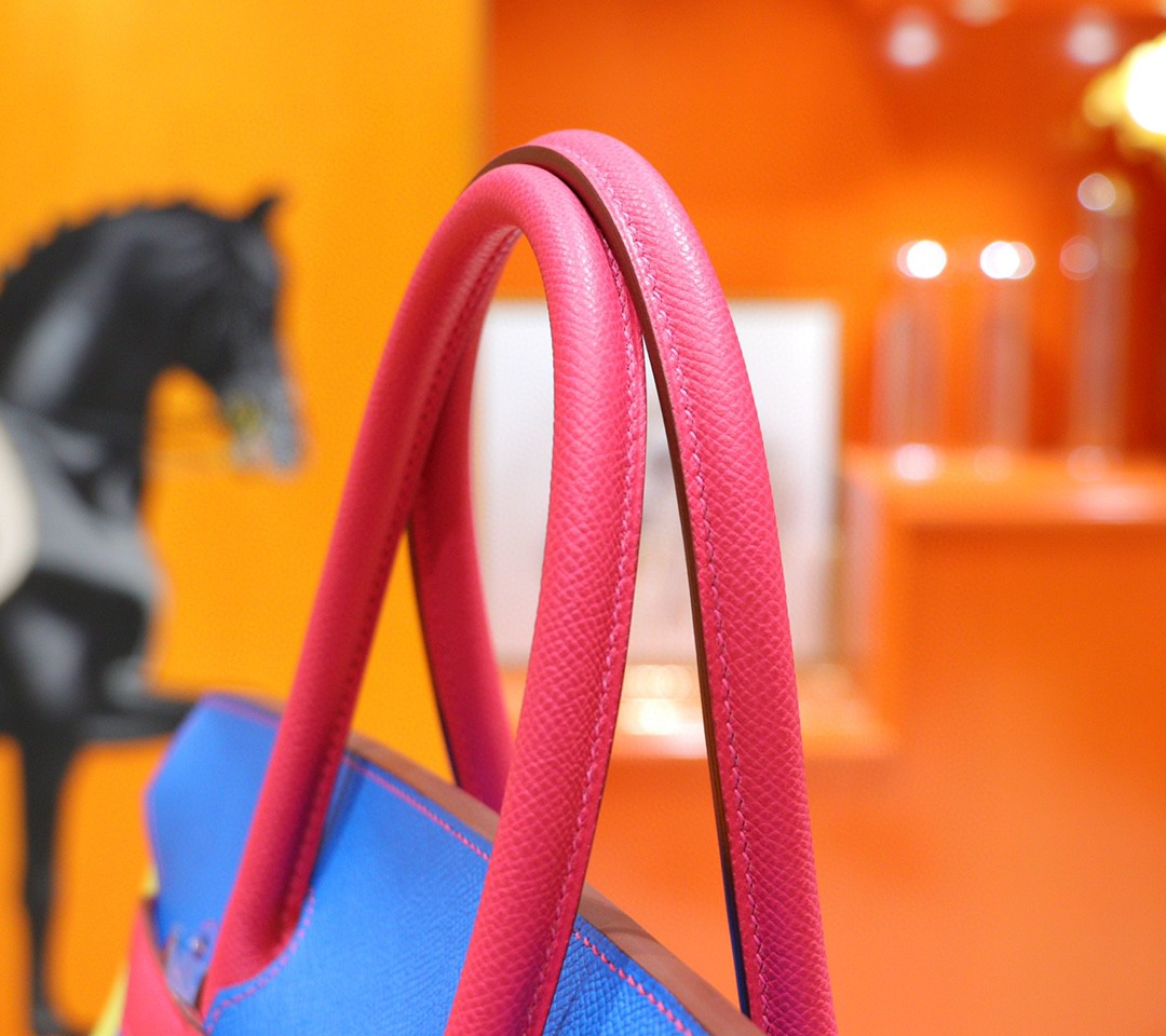 Hermès（爱马仕）Birkin 铂金包 柠檬黄 拼 希腊蓝 拼 桃红 三拼色 小牛皮 全手缝 金扣 40cm