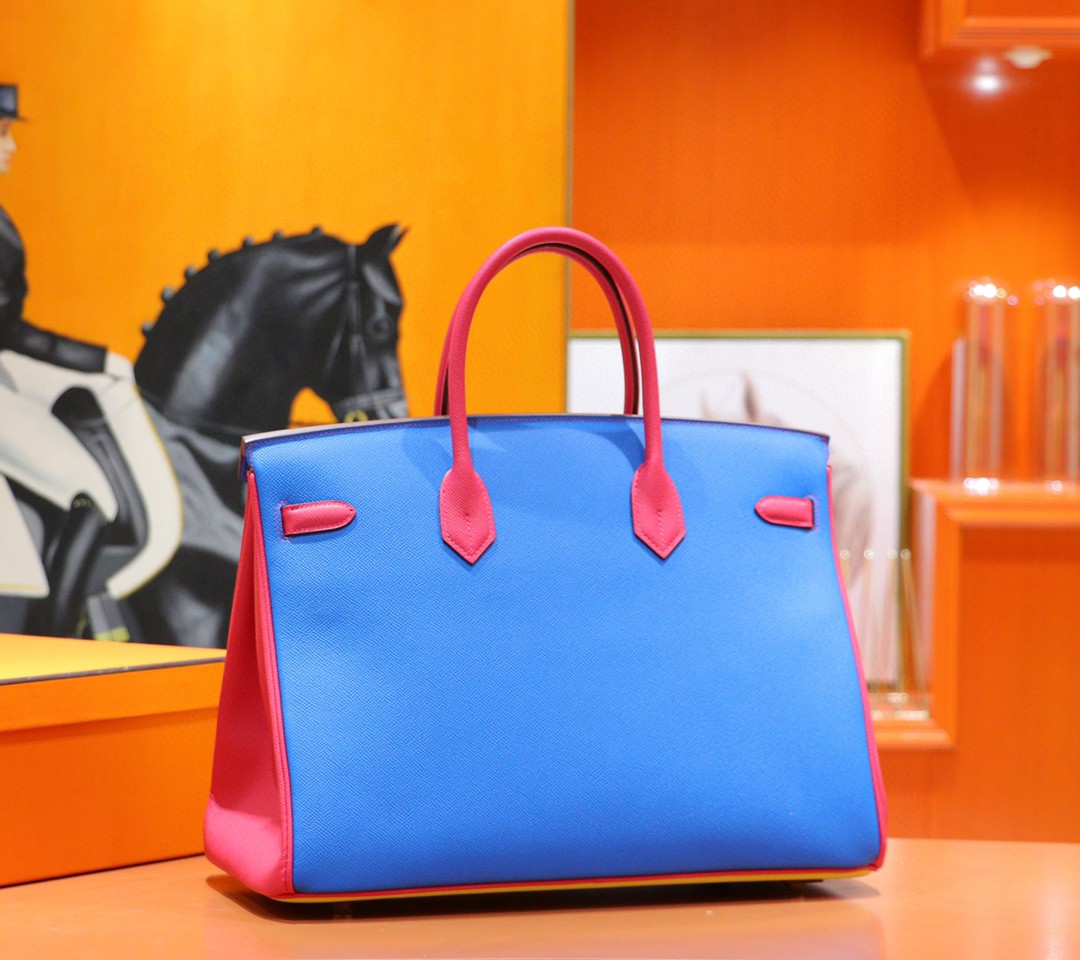 Hermès（爱马仕）Birkin 铂金包 柠檬黄 拼 希腊蓝 拼 桃红 三拼色 小牛皮 全手缝 金扣 40cm