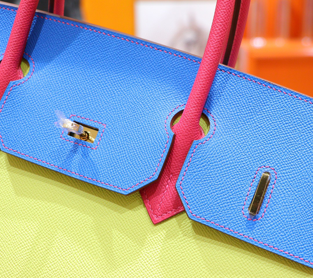 Hermès（爱马仕）Birkin 铂金包 柠檬黄 拼 希腊蓝 拼 桃红 三拼色 小牛皮 全手缝 金扣 40cm