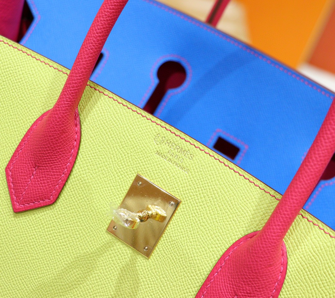 Hermès（爱马仕）Birkin 铂金包 柠檬黄 拼 希腊蓝 拼 桃红 三拼色 小牛皮 全手缝 金扣 40cm