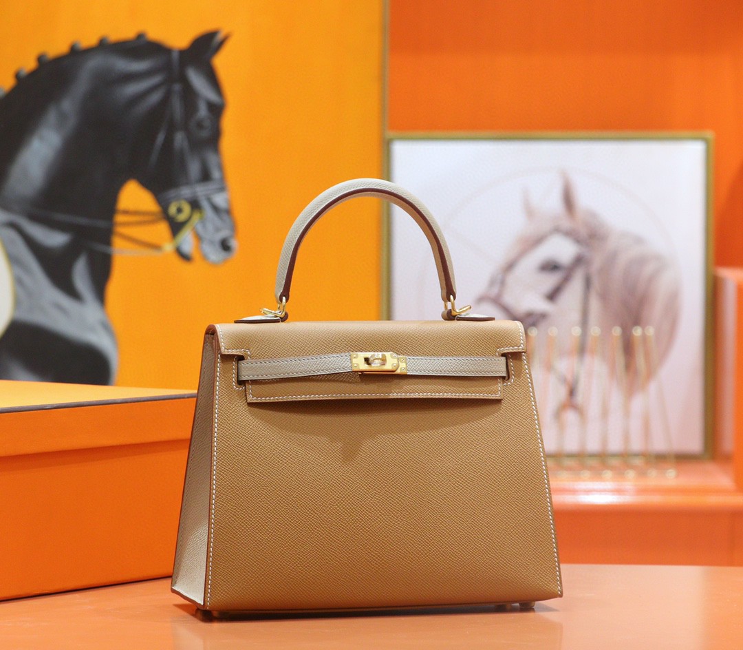 Hermès（爱马仕）Kelly 凯莉包 金棕 拼 风衣灰 Epsom 小牛皮 全手缝 金扣 25cm