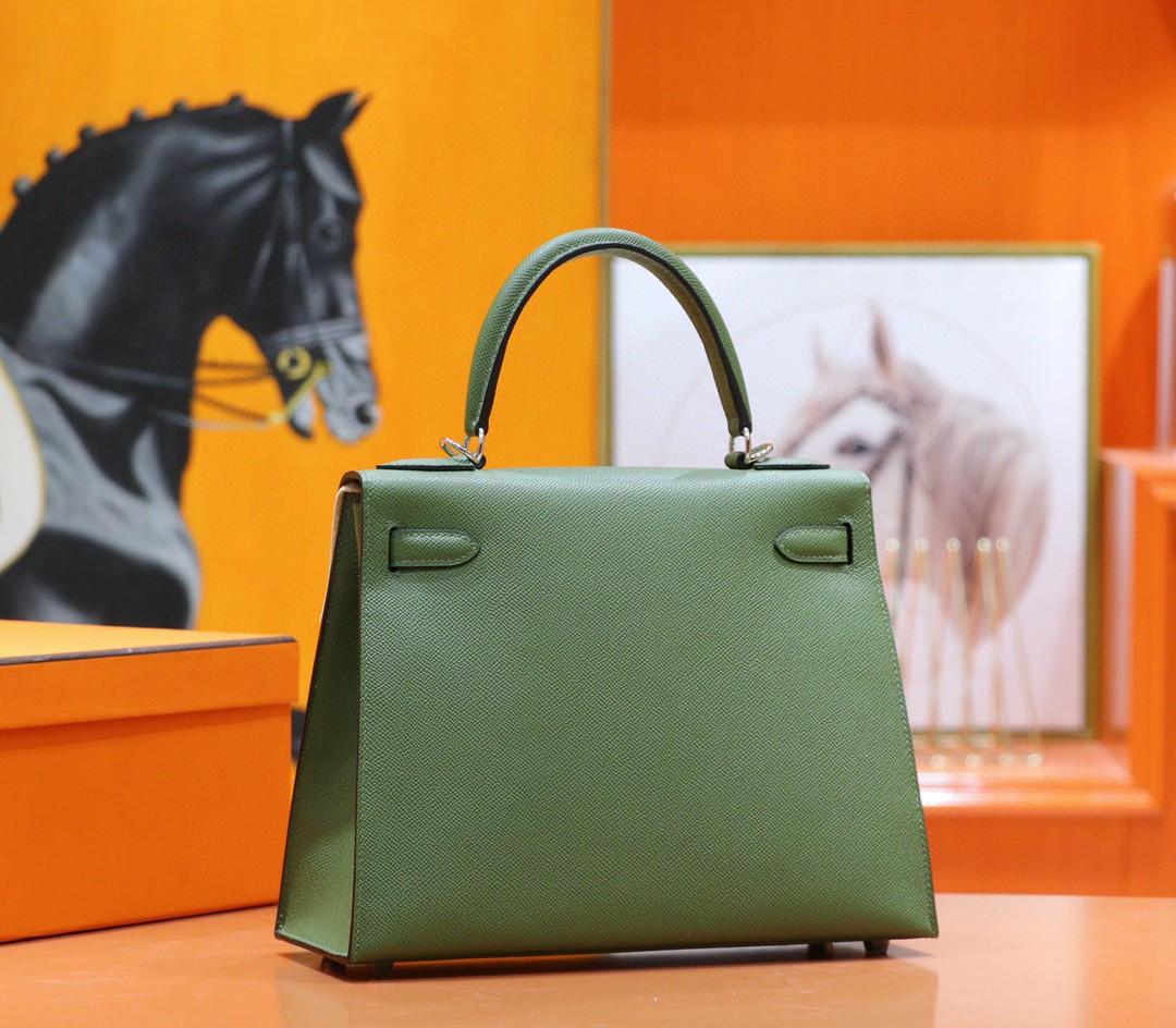 Hermès（爱马仕）Kelly 凯莉包 军绿 Epsom 小牛皮 全手缝 银扣 25cm