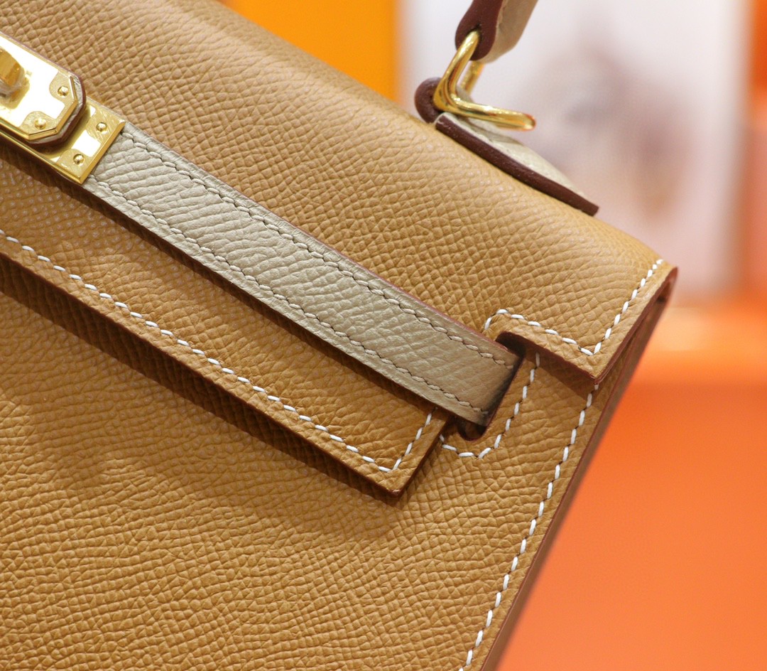 Hermès（爱马仕）Kelly 凯莉包 金棕 拼 风衣灰 Epsom 小牛皮 全手缝 金扣 25cm
