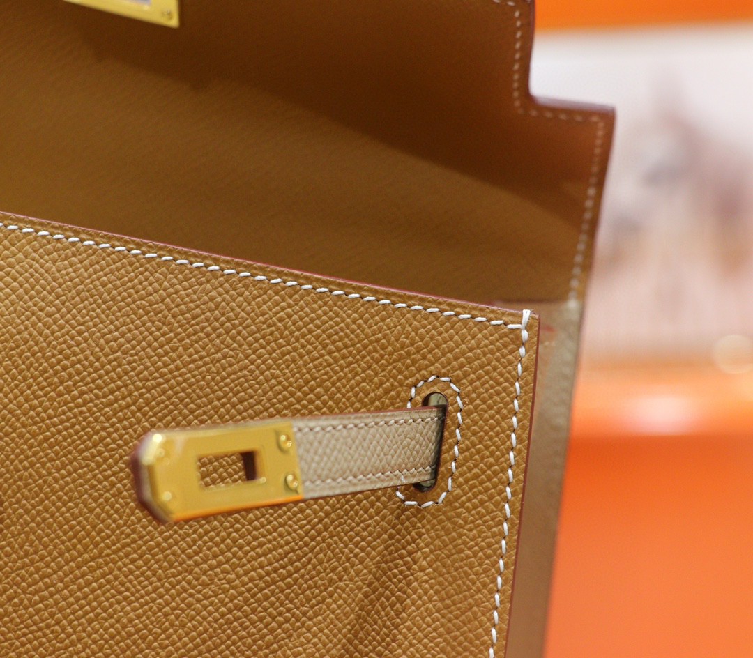Hermès（爱马仕）Kelly 凯莉包 金棕 拼 风衣灰 Epsom 小牛皮 全手缝 金扣 25cm