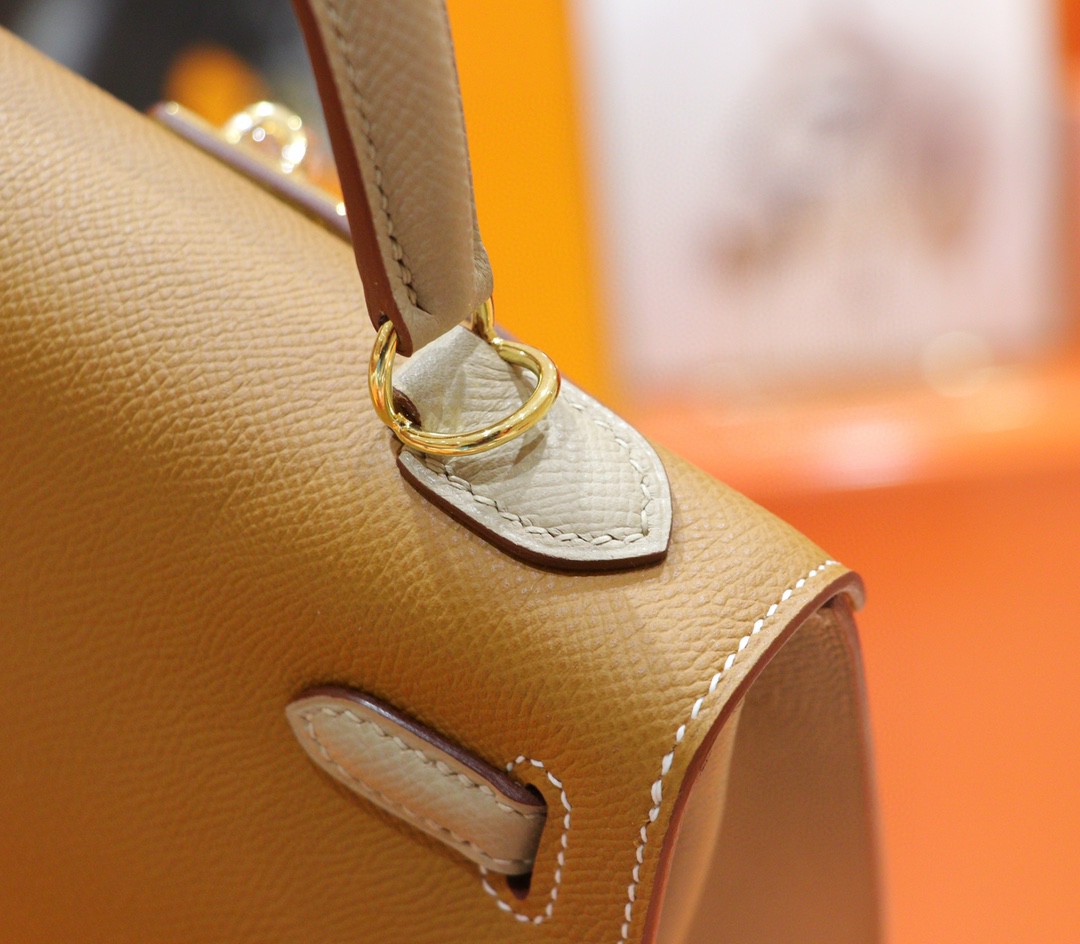 Hermès（爱马仕）Kelly 凯莉包 金棕 拼 风衣灰 Epsom 小牛皮 全手缝 金扣 25cm