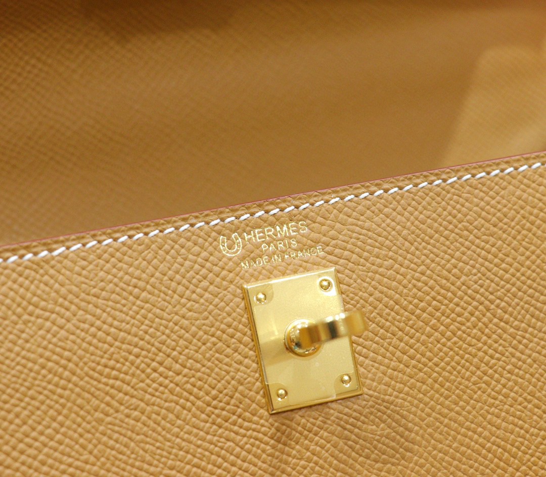 Hermès（爱马仕）Kelly 凯莉包 金棕 拼 风衣灰 Epsom 小牛皮 全手缝 金扣 25cm