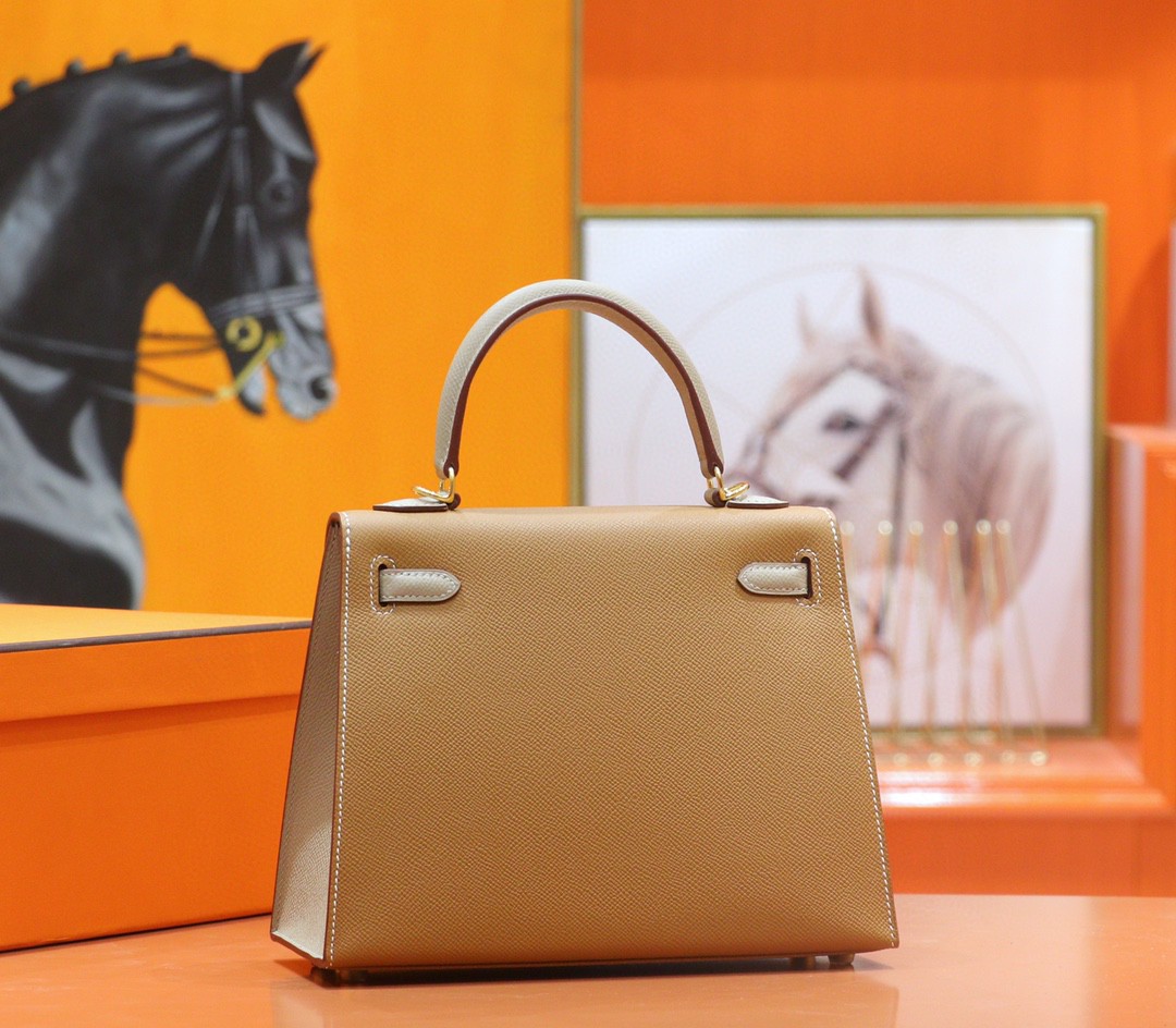 Hermès（爱马仕）Kelly 凯莉包 金棕 拼 风衣灰 Epsom 小牛皮 全手缝 金扣 25cm