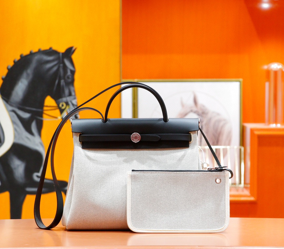 Hermès（爱马仕）Herbag 黑色 原版帆布 拼 原厂皮 最高版本 银扣 31cm