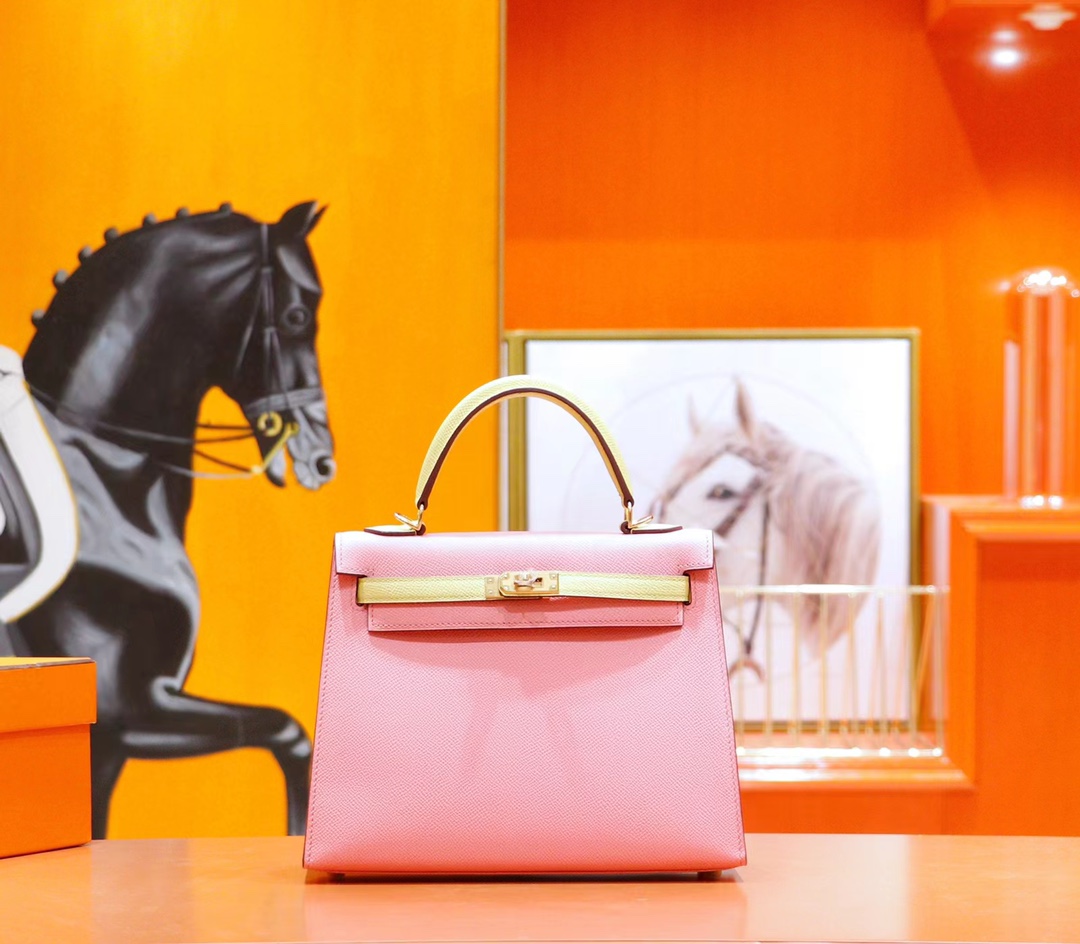 Hermès（爱马仕）Kelly 凯莉包 小鸡黄 拼 奶昔粉 Epsom 全手缝 小牛皮 金扣 25cm