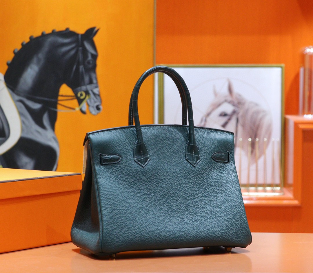 Hermès（爱马仕）Birkin 铂金包 松柏绿 雾面鳄鱼皮 拼 Togo 全手缝 金扣 30cm
