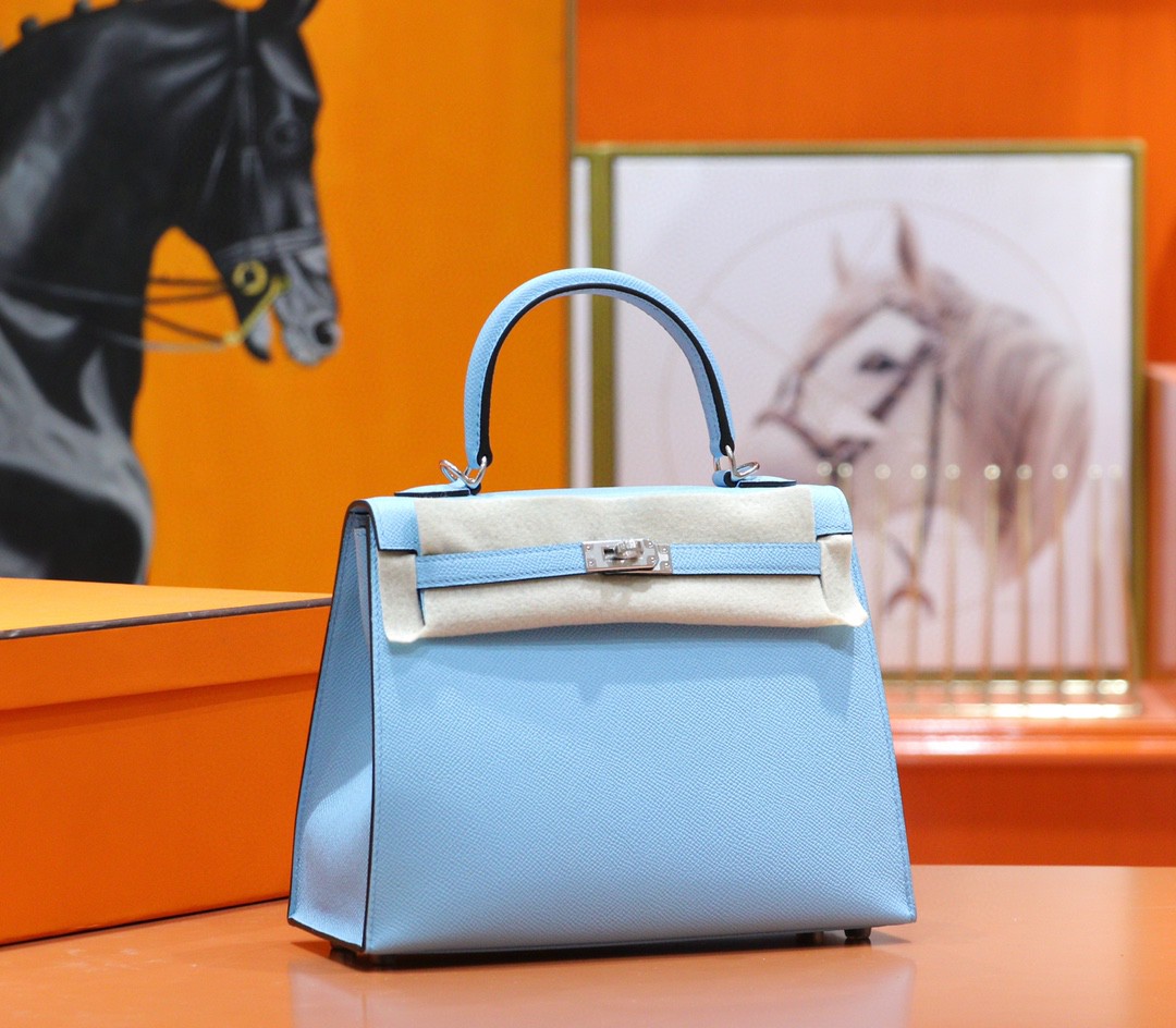 Hermès（爱马仕）Kelly 凯莉包 马卡龙蓝 Epsom 小牛皮 全手缝 银扣 25cm
